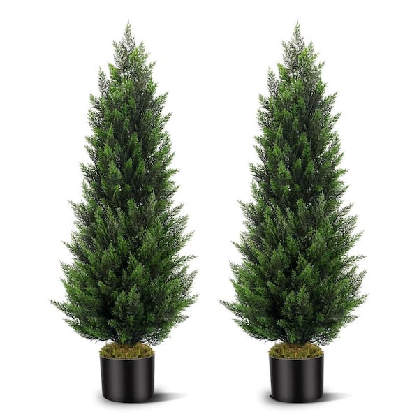 Olivivi 2Sets Green Plants 4ft Artificial Topiary Cedar Tree With Black Pot 48in Faux Pine Shrub Plant for Outdoor Indoor Dec