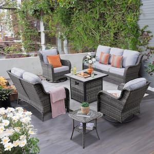 Pluto Gray 6-Piece Wicker Patio Fire Pit Set with Gray Cushions and Swivel Rocking Chairs