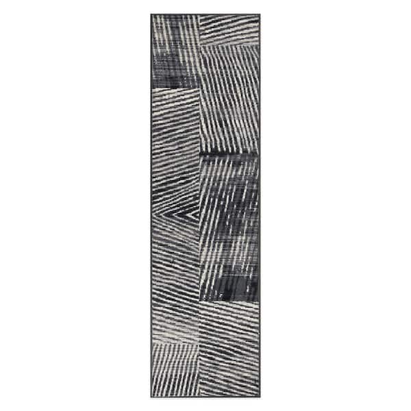 2 ft. x 7 ft. Gray Geometric Stripe Distressed Non Slip Runner Rug