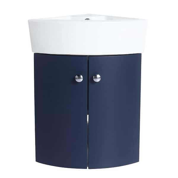 Anky 12.8 in. W x 12.8 in. D x 22.8 in. H Single Sink Corner Bath Vanity in Navy Blue with White Ceramic Top