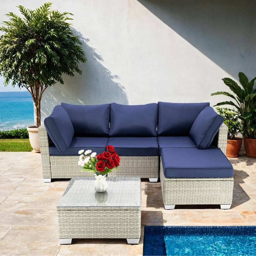 Grey 5-Piece Wicker Outdoor Sectional Set, Patio Rattan Sofa and Table Set 