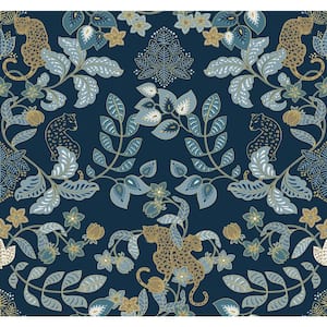 Getty Blue Navy Metallic Jungle Damask Non-Pasted Non-Woven Paper Wallpaper