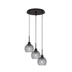 Albany 60-Watt 13.25 in. 3-Light Espresso Cord Pendant Light Smoke Ribbed Glass Shade