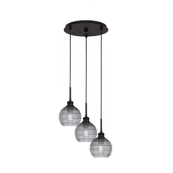 Unbranded Albany 60-Watt 13.25 in. 3-Light Espresso Cord Pendant Light Smoke Ribbed Glass Shade