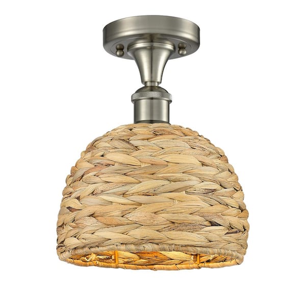 Woven Rattan 8 in. 1-Light Satin Nickel Farmhouse Semi-Flush Mount with Shade