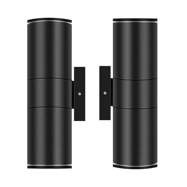 11.5 in. Black Aluminum Modern Indoor and Outdoor Cylinder LED Wall Lantern Scone (Set of 2)