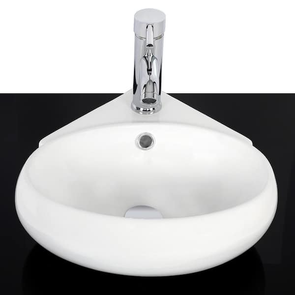 US Bathroom Corner White Ceramic Basin Vessel Sink Waste NO Pop-up Drain