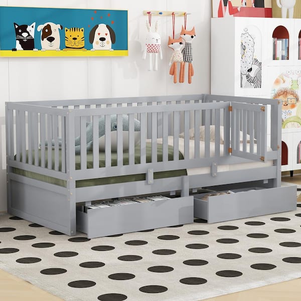 Qualler Gray Twin Size Daybed with Detachable Fence and 2-Drawers