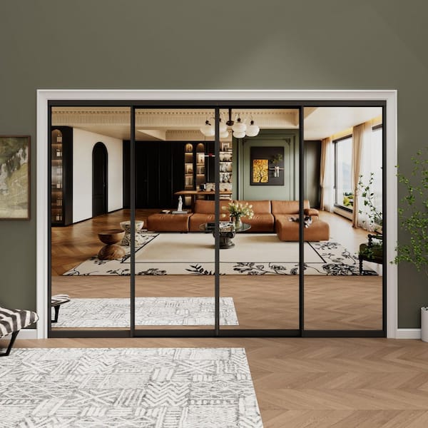96 in. x 80 in. 1-Lite Black Mirrored Glass and Aluminum Frame Finished Closet Sliding Door with Hardware Kit