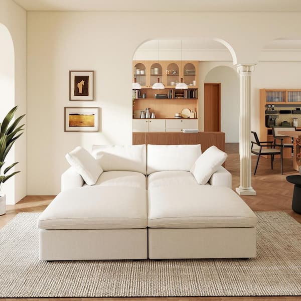 Magic Home 79 in. Modular White Linen Full Size 2-Seat Convertible Sleeper Sofa Bed with 2-Ottomans, Washable Covers for Apartment