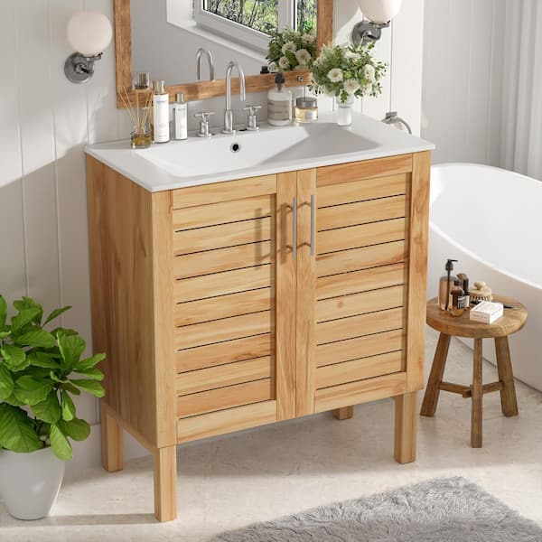 Sutton 30 in. Modern Bathroom Antique Natural and Brown Wood Cabinet Bath Vanity with White Ceramic Top Sink, Drawers