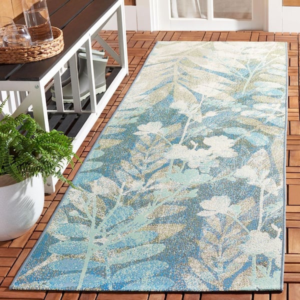 Barbados Blue Green/Ivory 3 ft. x 8 ft. Oversized Floral Indoor/Outdoor Runner Rug