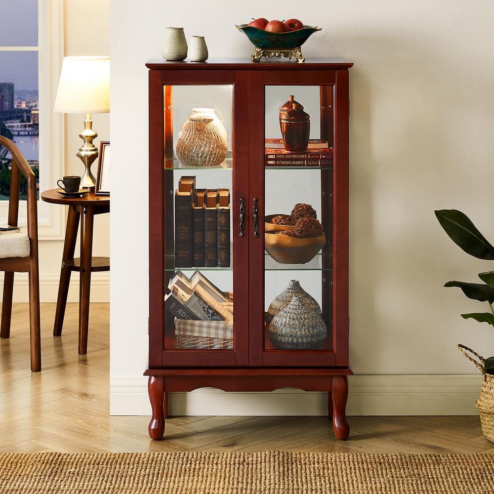 Curio Cherry Cabinet Lighted Curio Diapaly Cabinet with Adjustable Shelves and Mirrored Back Panel Tempered Glass Doors