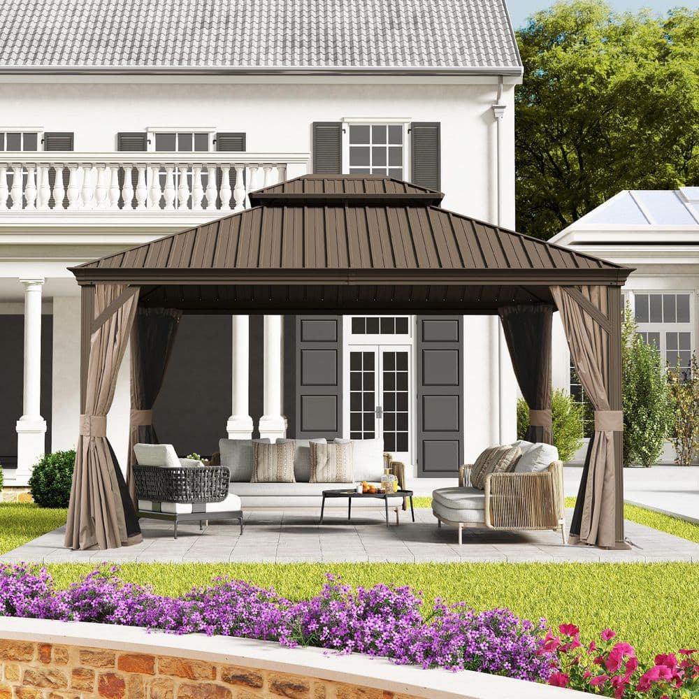 10 ft. x 13 ft. Hardtop Gazebo with Double Roof and Curtains in Brown price history on PriceWatchPro