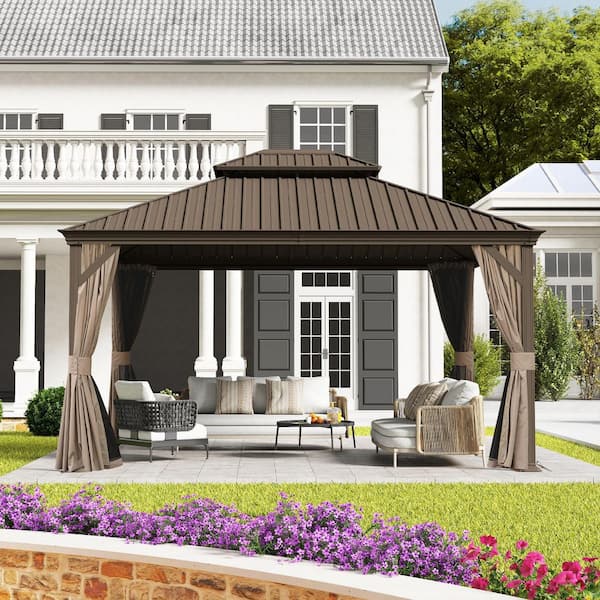 10 ft. x 13 ft. Hardtop Gazebo with Double Roof and Curtains in Brown