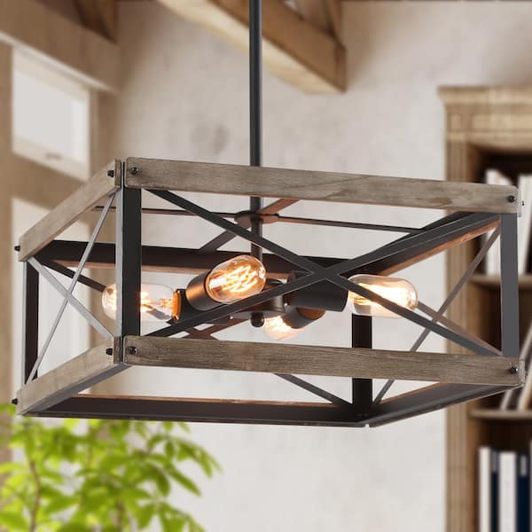 LNC Farmhouse Chandelier Wood Island Linear Cage Rustic 4-Light Rectangular Brushed Black Kitchen Pendant Chandelier