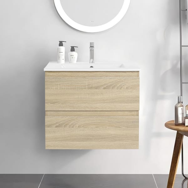Modern 24 in. W x 18.3 in. D x 20.5 in. H Floating Bath Vanity Cabinet in Light Oak with White Ceramic Top