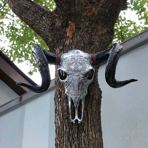 22.44 in. x 15.59 in. Silver Resin Bull Head Skull Wall Hanging