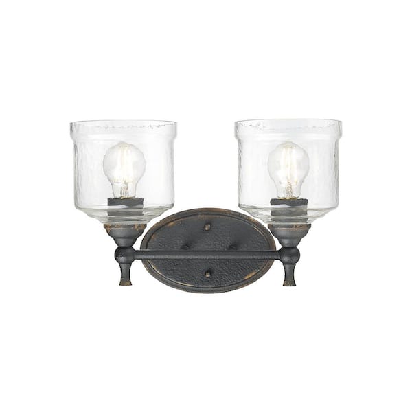Keating 7.5 in. 2 Light Antique Black Iron Vanity Light with Hammered Water Glass Shade
