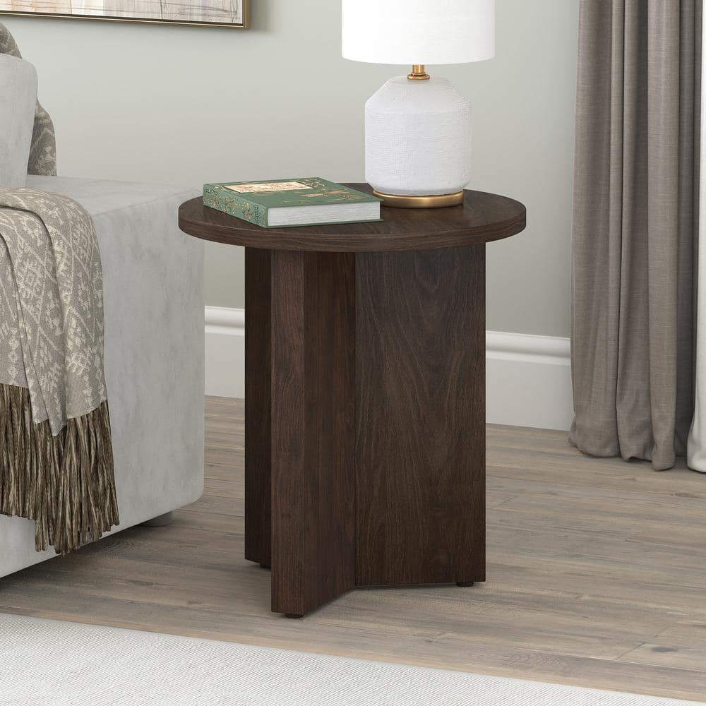 Alder Brown 20" Round Wood Side Table with X-Base