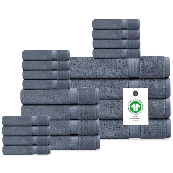 Delara Mineral Blue Solid 100% Organic Cotton Luxuriously Plush Towel Set 20-Pieces