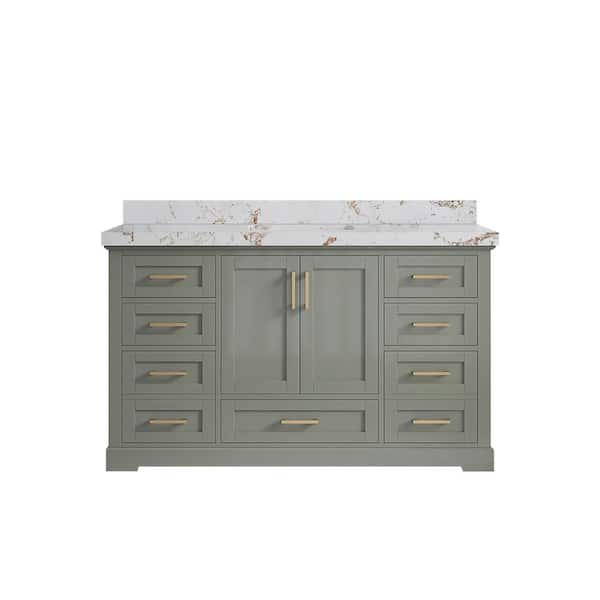 Willow Collections Boston 60 in. Single Sink Freestanding Evergreen Bath Vanity with Viola Gold Quatrz Top Unassembled
