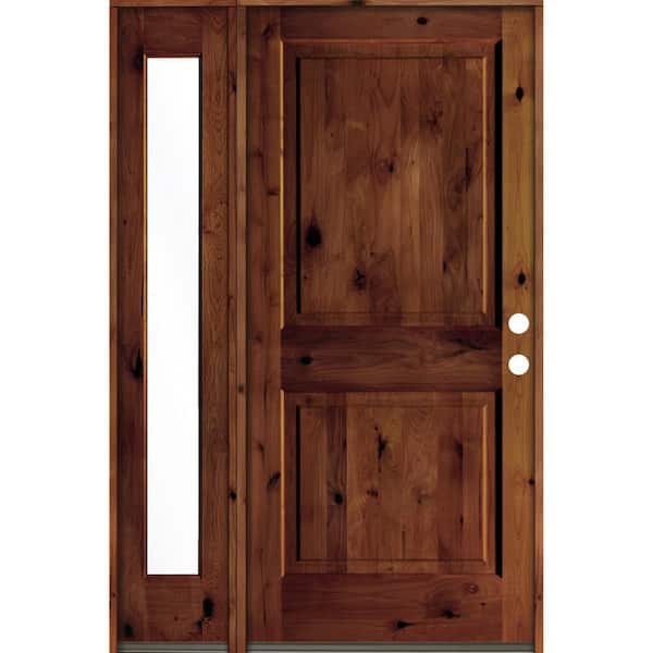56 in. x 80 in. Rustic knotty alder Left-Hand/Inswing Clear Glass Red Chestnut Stain Wood Prehung Front Door w/Sidelite