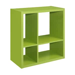 SignatureHome Height 30 in. Tall Green Finish Wood 4-Cube Shelf Standard Bookcase with Back Panel Open. (28Lx14Wx30H)