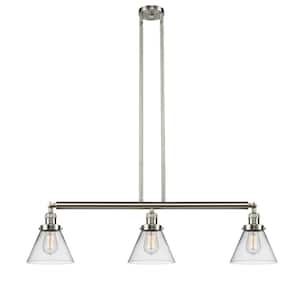 Cone 3 Light Brushed Satin Nickel Shaded Pendant Light with Clear Glass Shade