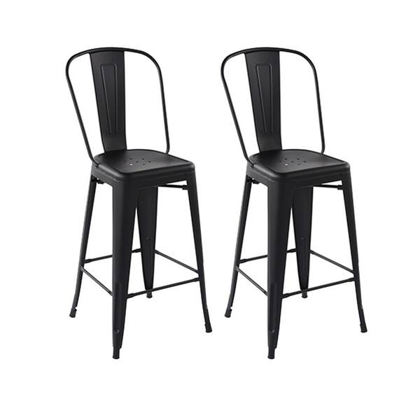 Homy Casa THOCAR 29 in. Kitchen Counter Height Black Metal Bar Stools with Slat High Backrest, Indoor Outdoor Set of 2