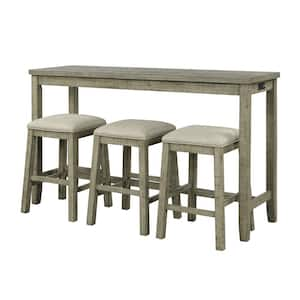 4-Piece Green Wood Outdoor Dining Set with Gray Cushions, Counter Height Table with Fabric Padded Stools, Socket