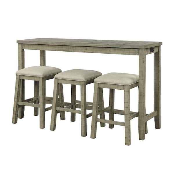 Zeus & Ruta 4-Piece Green Wood Outdoor Dining Set with Gray Cushions, Counter Height Table with Fabric Padded Stools, Socket