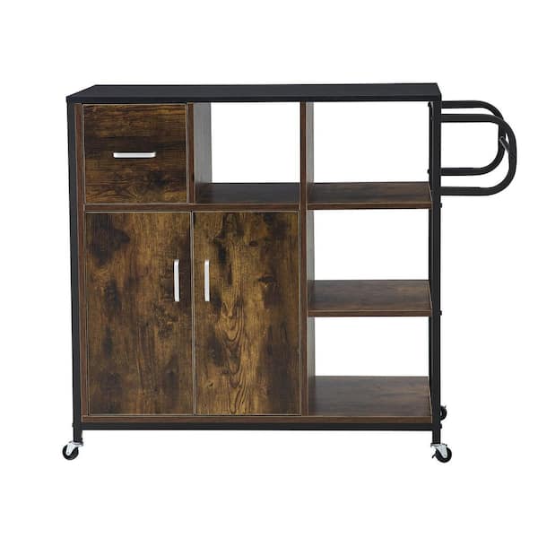 Unbranded 35.43 in. W Rustic Brown Wooden Kitchen Cart with Spice Rack and Towel Holder