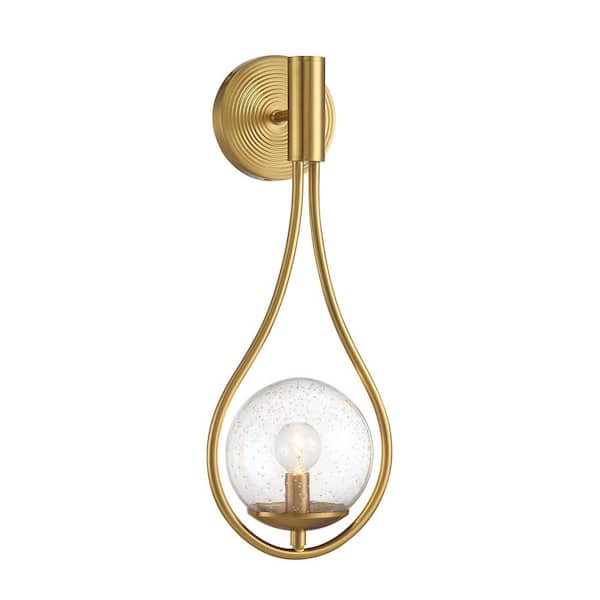 Savoy House Encino 1-Light Warm Brass Wall Sconce with Clear Seeded Glass Orb Shade