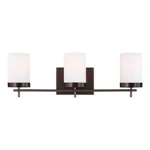 Zire 24 in. W 3-Light Brushed Oil Rubbed Bronze Bathroom Vanity Light with Etched White Glass Shades