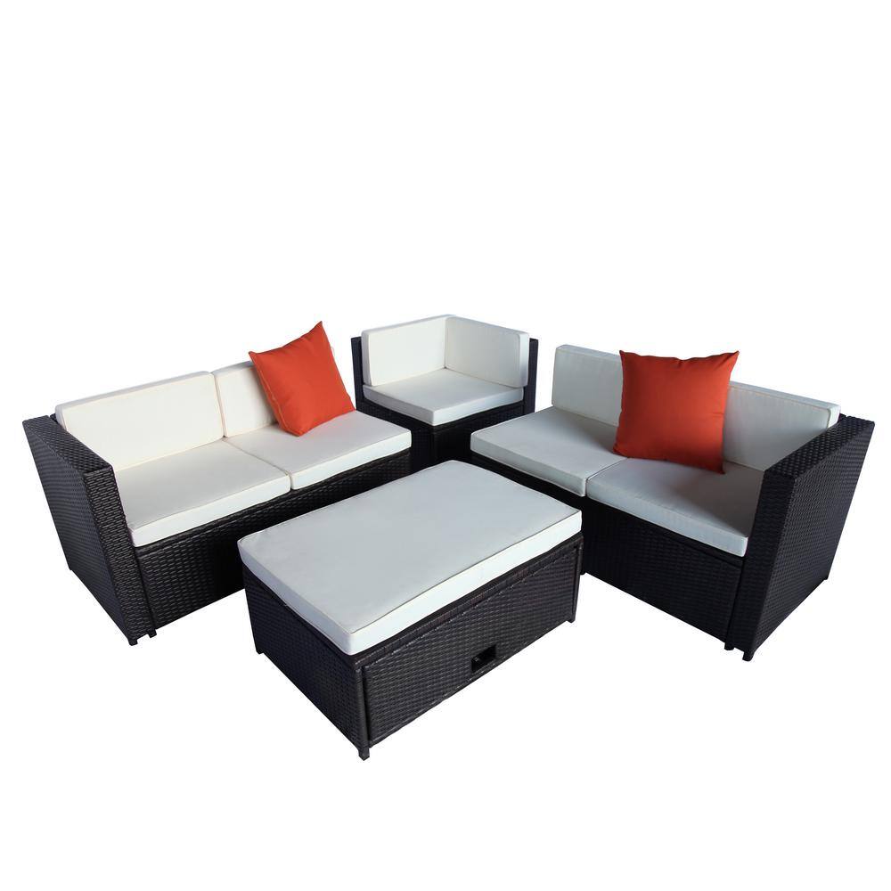 4-Piece All-Weather Brown PE Wicker Patio Conversation Set with Beige Cushi