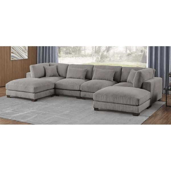 Monland 144 in. Square Arm Polyester Corduroy U-Shaped Modular Chaise Deep-Seated Oversized 6-Piece Sectional Sofa in Light Grey