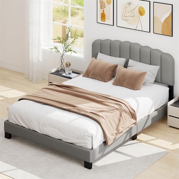 Queen Size Bed frame Linen Upholstered Platform Bed in Gray with Wooden Slat Support