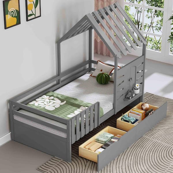 Gray Wood Frame Twin Size Platform Bed with 2 Storage Drawers and Guardrails, Roof and Window