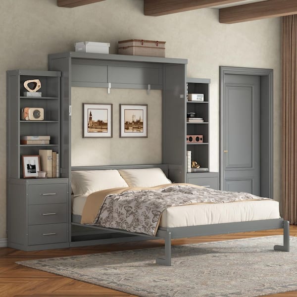 Cyrelle Gray Wood Frame Full Size Murphy Bed with Open Storage Shelves and Drawers