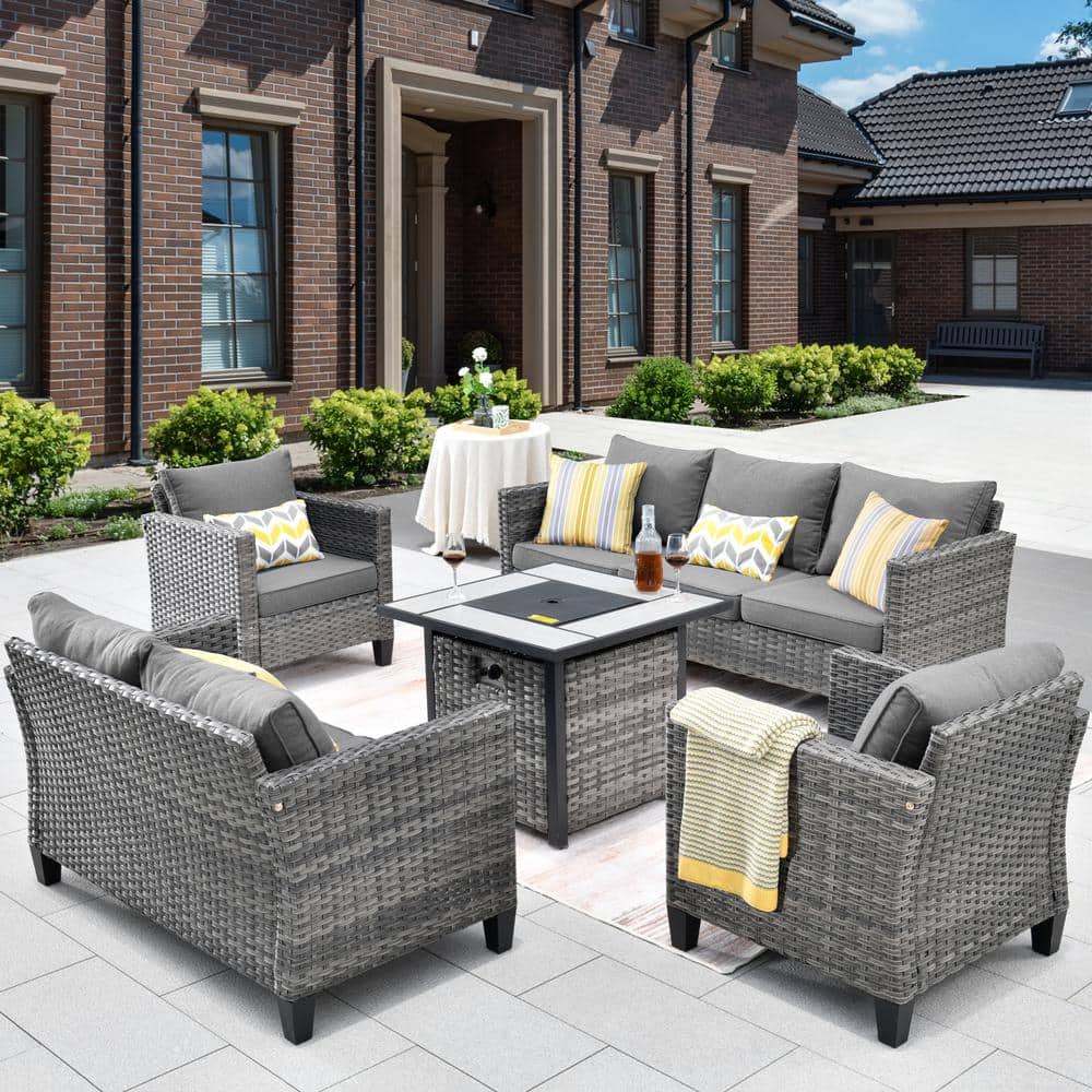 Lake Powell Gray 5-Piece Wicker Patio Conversation Fire Pit Seating Sofa Set with a Loveseat and Dark Grey Cushions price history on PriceWatchPro
