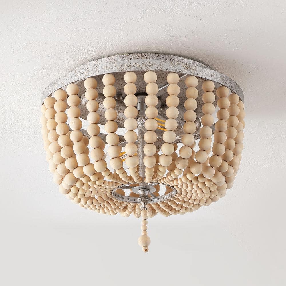 Antique Silver and Cream Wood Beaded Farmhouse Flush Mount Light