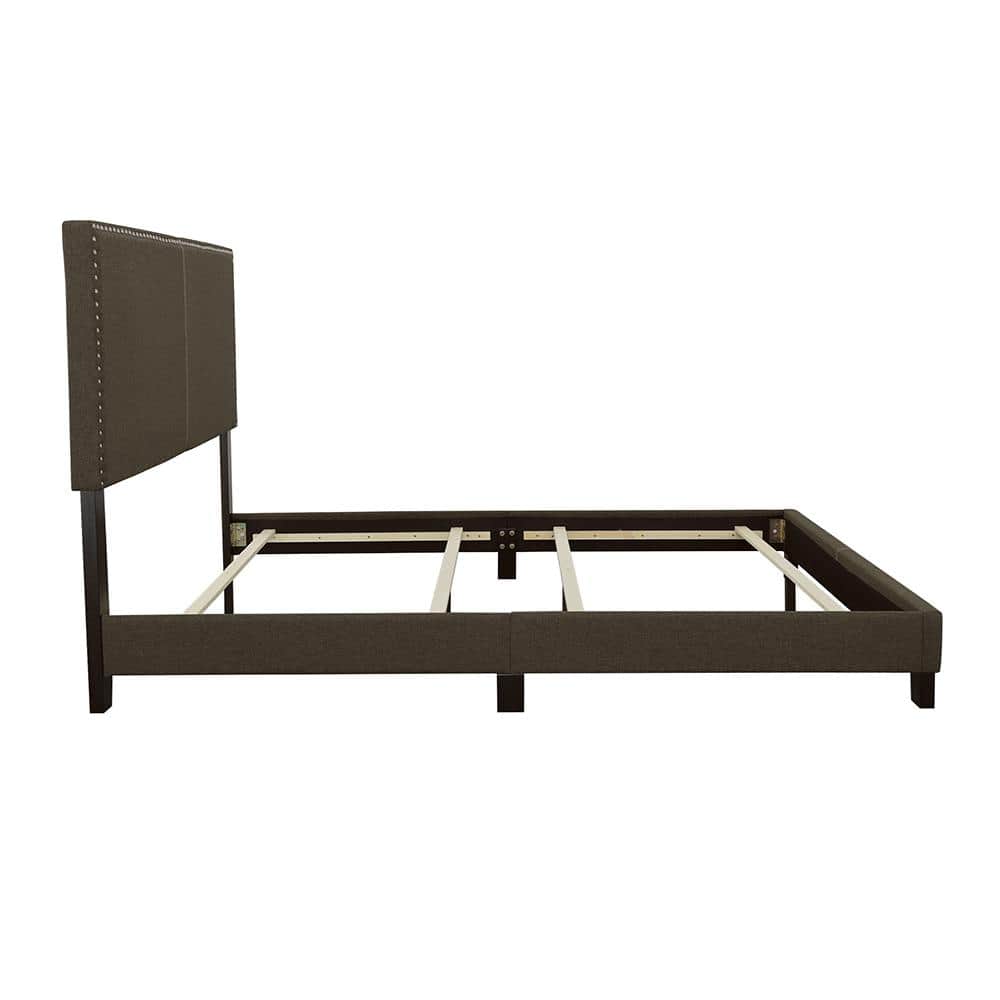 Charcoal Gray Queen Upholstered Bed with Sleek Nailhead Trim