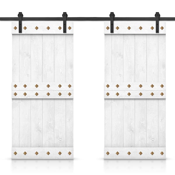 CALHOME 68 in. x 84 in. Light Cream Stained DIY Pine Wood Interior Double Sliding Barn Door with Hardware Kit and Clavos