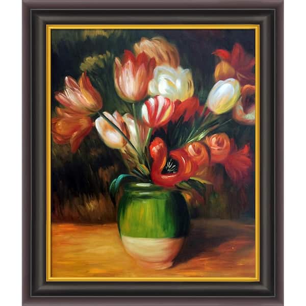 LA PASTICHE Tulips in a Vase by Pierre-Auguste Renoir Opulent Framed Abstract Oil Painting Art Print 26 in. x 30 in.