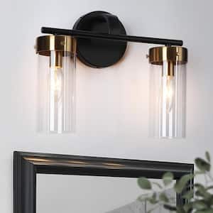 12.5 in. Modern 2-Light Black Bathroom Vanity Light, Cylinder Brass Gold Bath Lighting with Clear Glass Shade