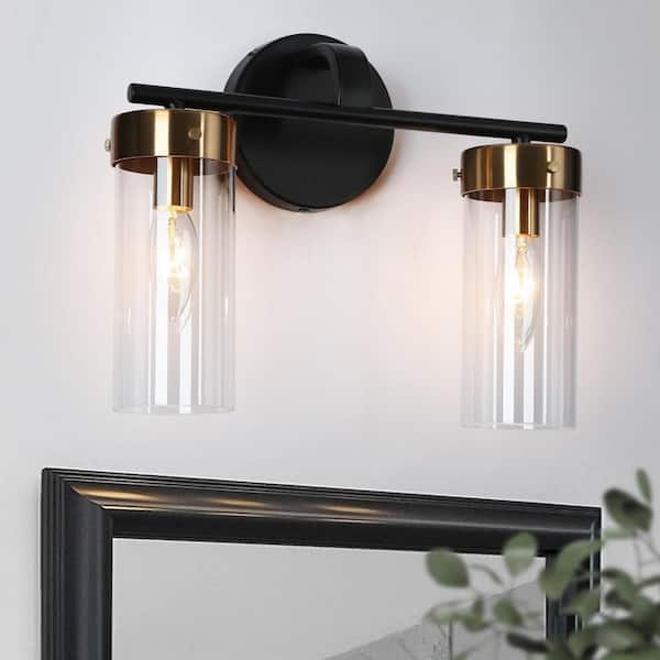 Zevni 12.5 in. Modern 2-Light Black Bathroom Vanity Light, Cylinder Brass Gold Bath Lighting with Clear Glass Shade
