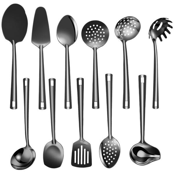 11-Piece Black Stainless Steel Heat Resistant Kitchen Utensils Set with Ergonomic Handles and Dishwasher Safe