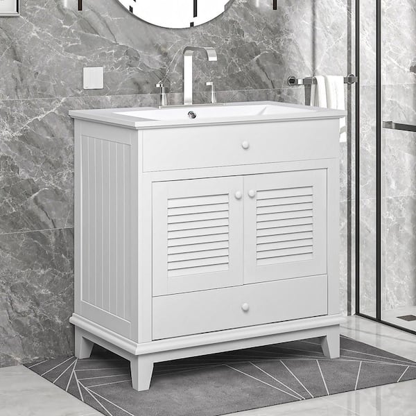 30 in. W x 18 in. D x 31.02 in. H Freestanding Bath Vanity in White with White Ceramic Top Single Basin Sink