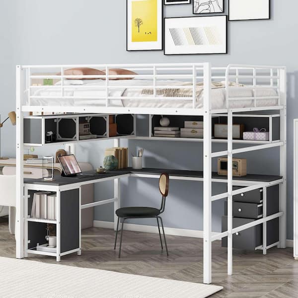 Polibi Black, White Full Size Loft Bed with bookcase, Desk and cabinet